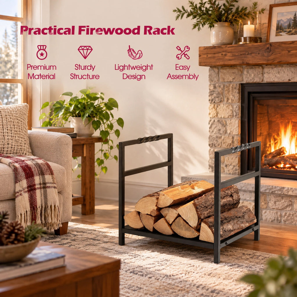 Airfind Firewood Log Rack with Unique Handle and Raised Feet, 110 lbs Capacity, Steel Frame, 16 x 13.5x 14 Footprint, Black