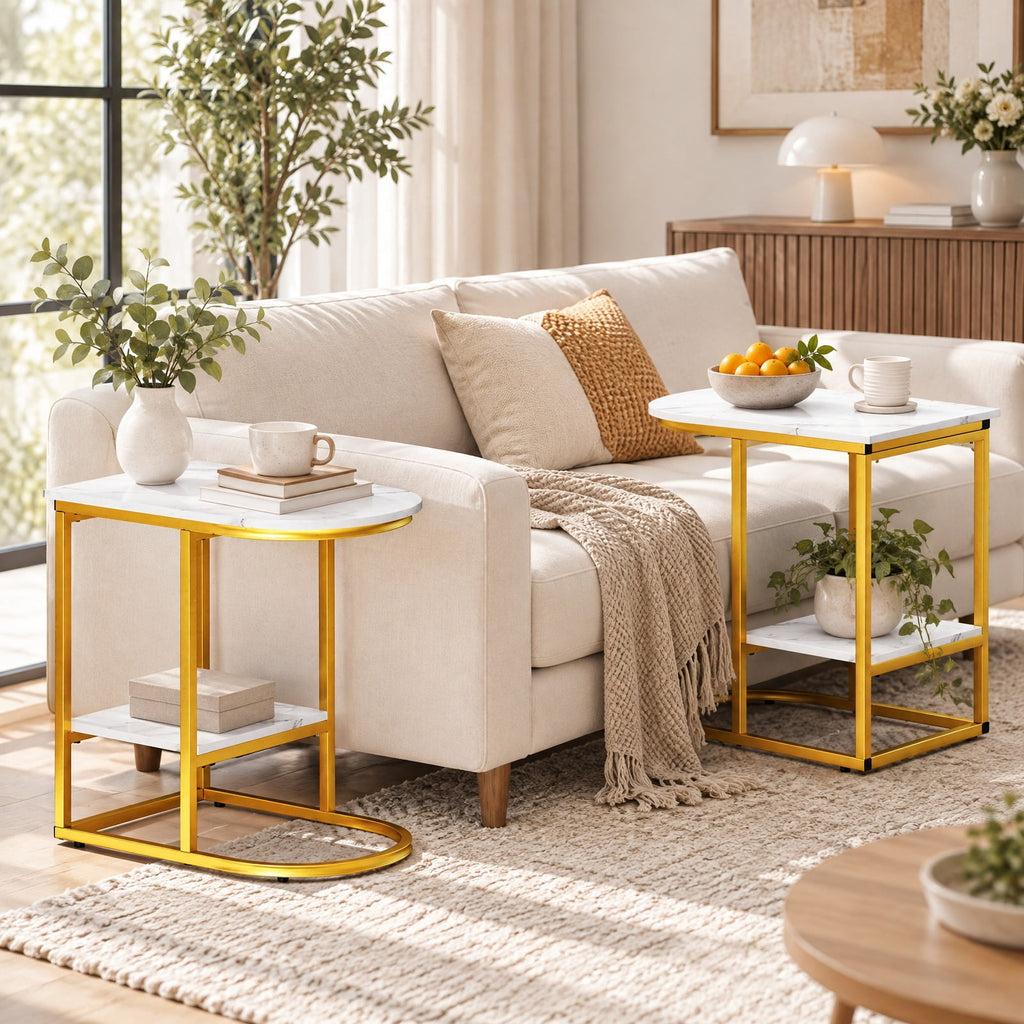 Airfind C-shaped Modern Sofa Side Table with Faux Marble Tabletop and Storage Shelf, 66 lbs Capacity, Engineered Wood Metal Frame, White