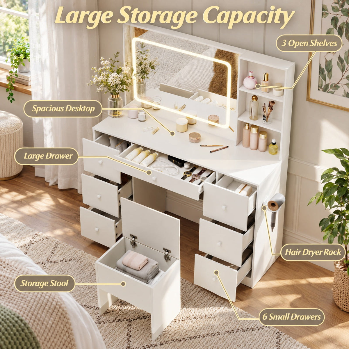 Airfind Vanity Desk with Mirror and Lights Makeup Dressing Table Vanity Table and Stool Set, 155 lbs Capacity, Engineered Wood Frame, White