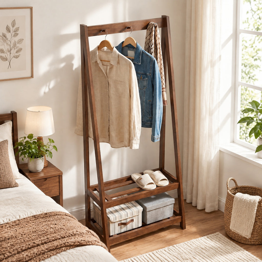 Airfind Freestanding Clothes Rack with 3 Hooks and 2 Shelves, 33 lbs Capacity, Rubber Wood Frame, 13 x 24 x 55 Footprint, Walnut