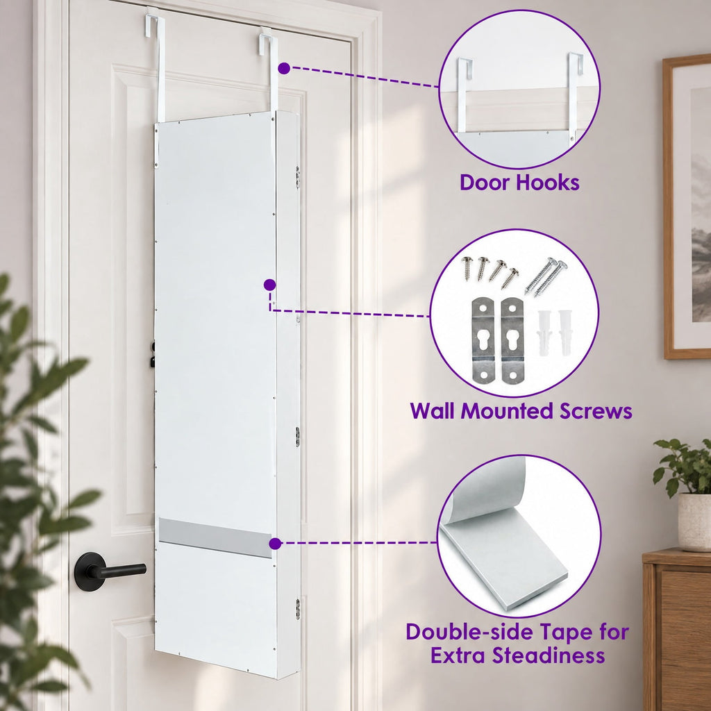 Airfind Wall Mounted Lockable Mirror Jewelry Cabinet with LED Light, Real glass quality MDF soft velvet Frame, 14.5in x 3.5in x 56.5in Footprint, White