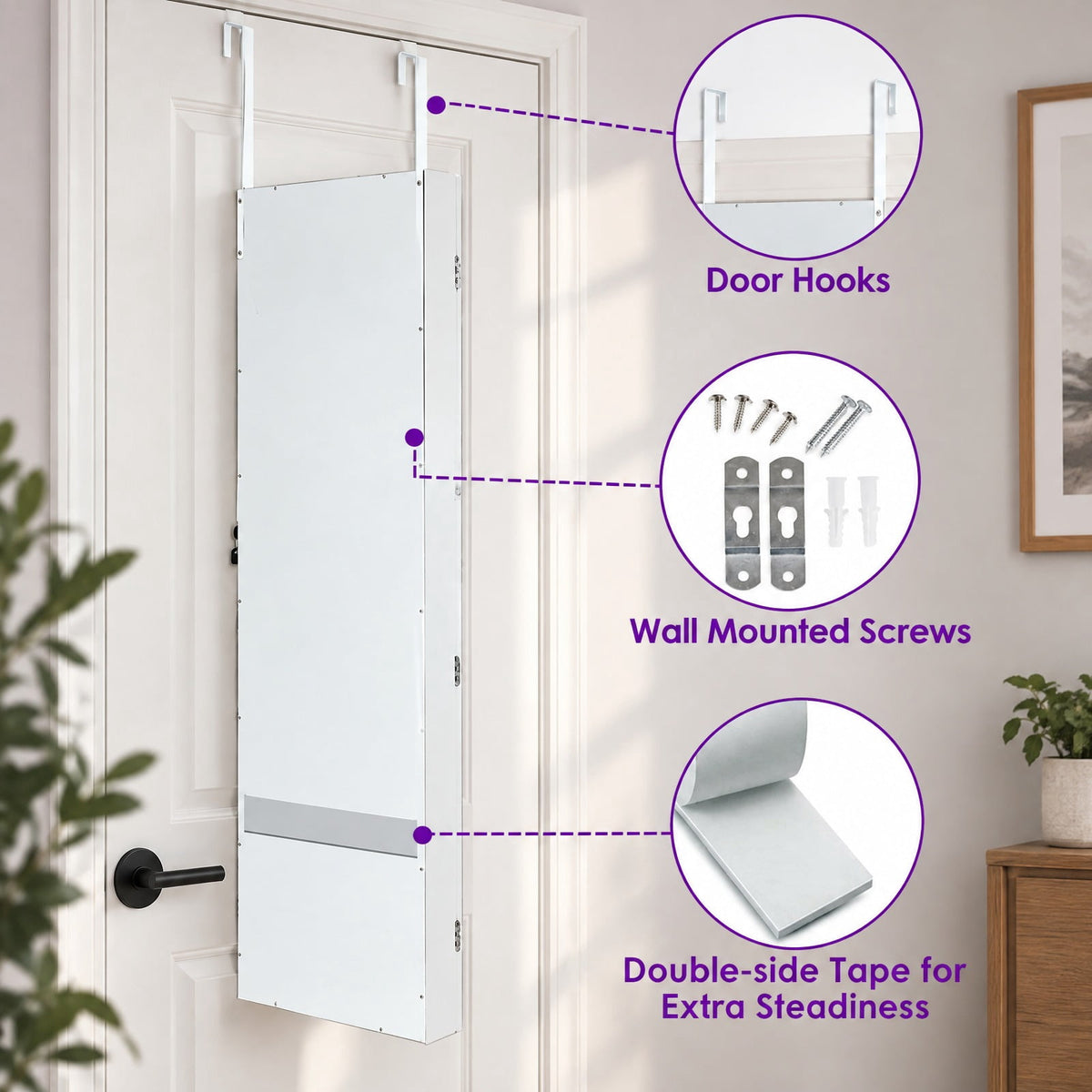 Airfind Wall Mounted Lockable Mirror Jewelry Cabinet with LED Light, Real glass quality MDF soft velvet Frame, 14.5in x 3.5in x 56.5in Footprint, White