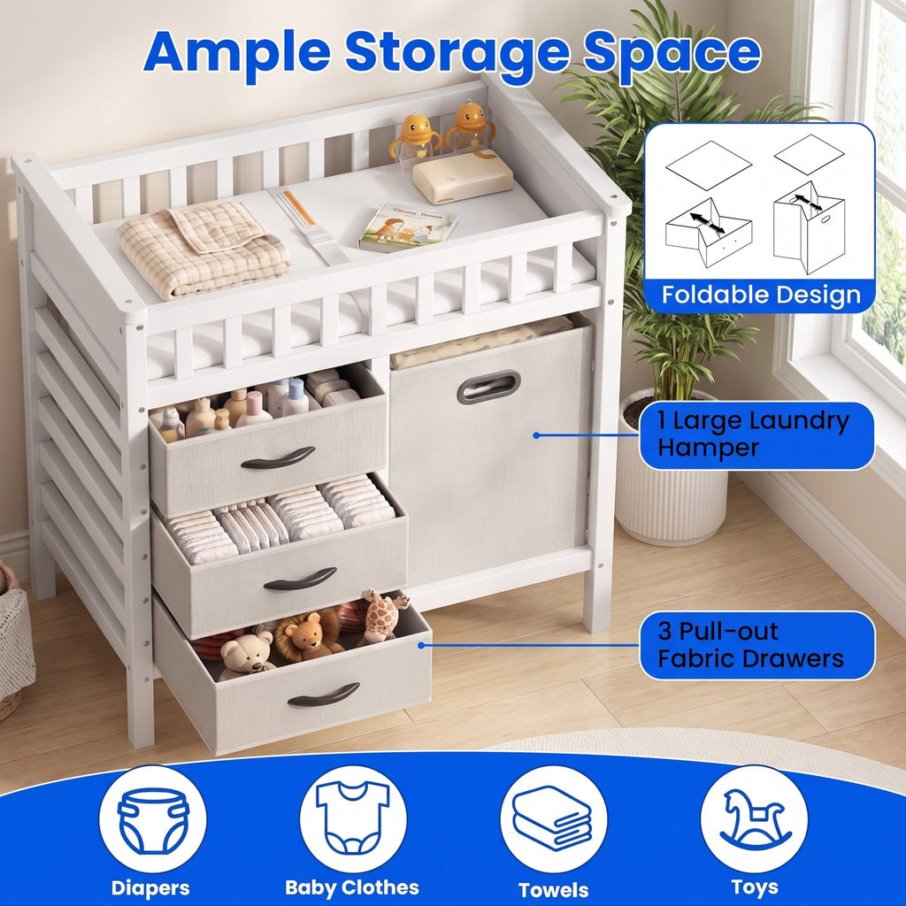 Airfind Wooden Baby Changing Table Diaper Changing Station with 3 Fabric Storage Drawers, 30 lbs Capacity, Engineered Wood Pine PEVA Foam Frame