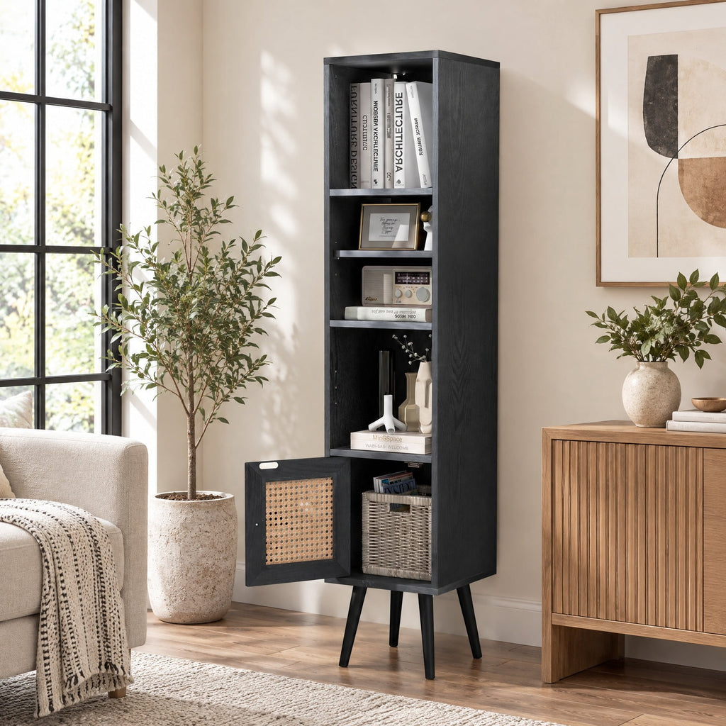 Airfind 4 Tiers Rattan Storage Cabinet with Slim Design, 135 lbs Capacity, Engineered Wood Solid Wood Rattan Frame, 12 x 12 x 54 Footprint, Black