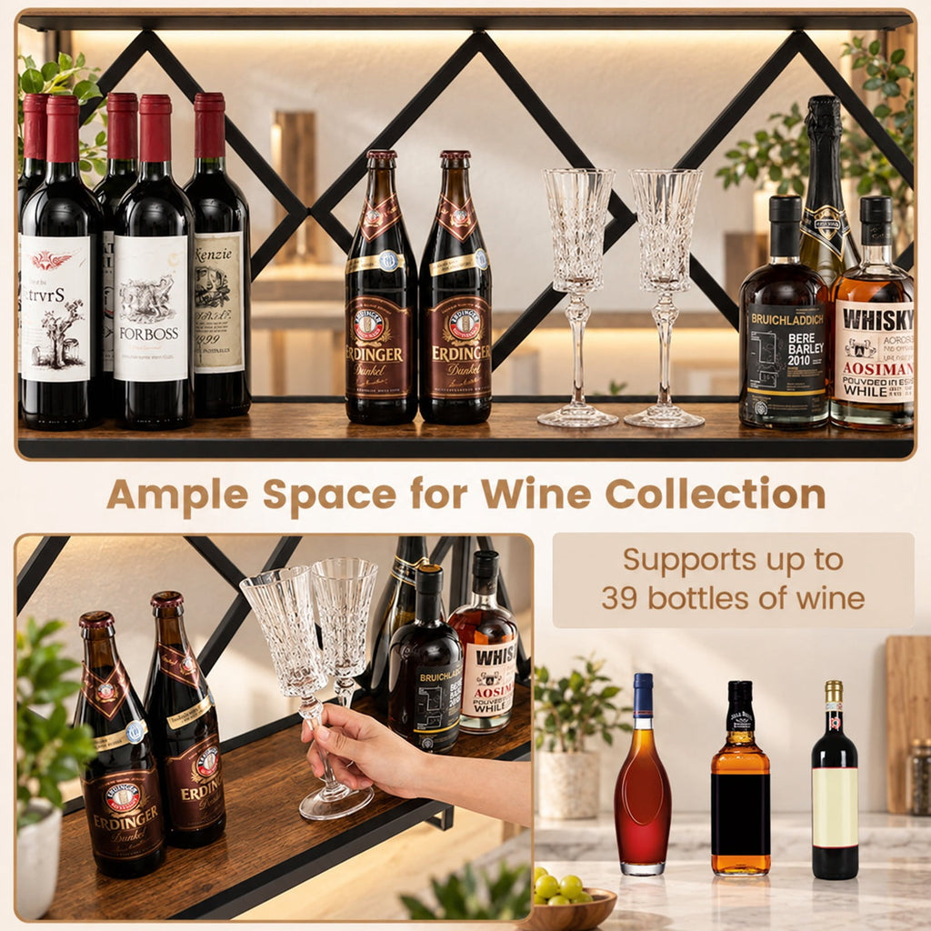 Airfind Wall Mounted Wine Rack for 39 Bottles and 12 Glasses, Shelf 100 lbs Capacity, Metal Engineered Wood Frame, Rustic Brown Black