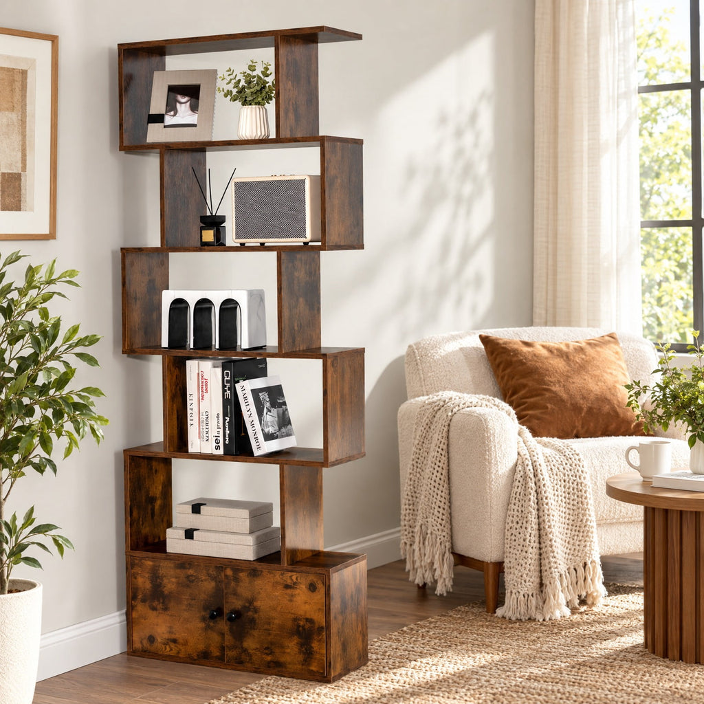 Airfind 6-Tier S-Shaped Freestanding Bookshelf with Cabinet and Doors, Engineered Wood with Engineered Wood and MDF Construction, Coffee