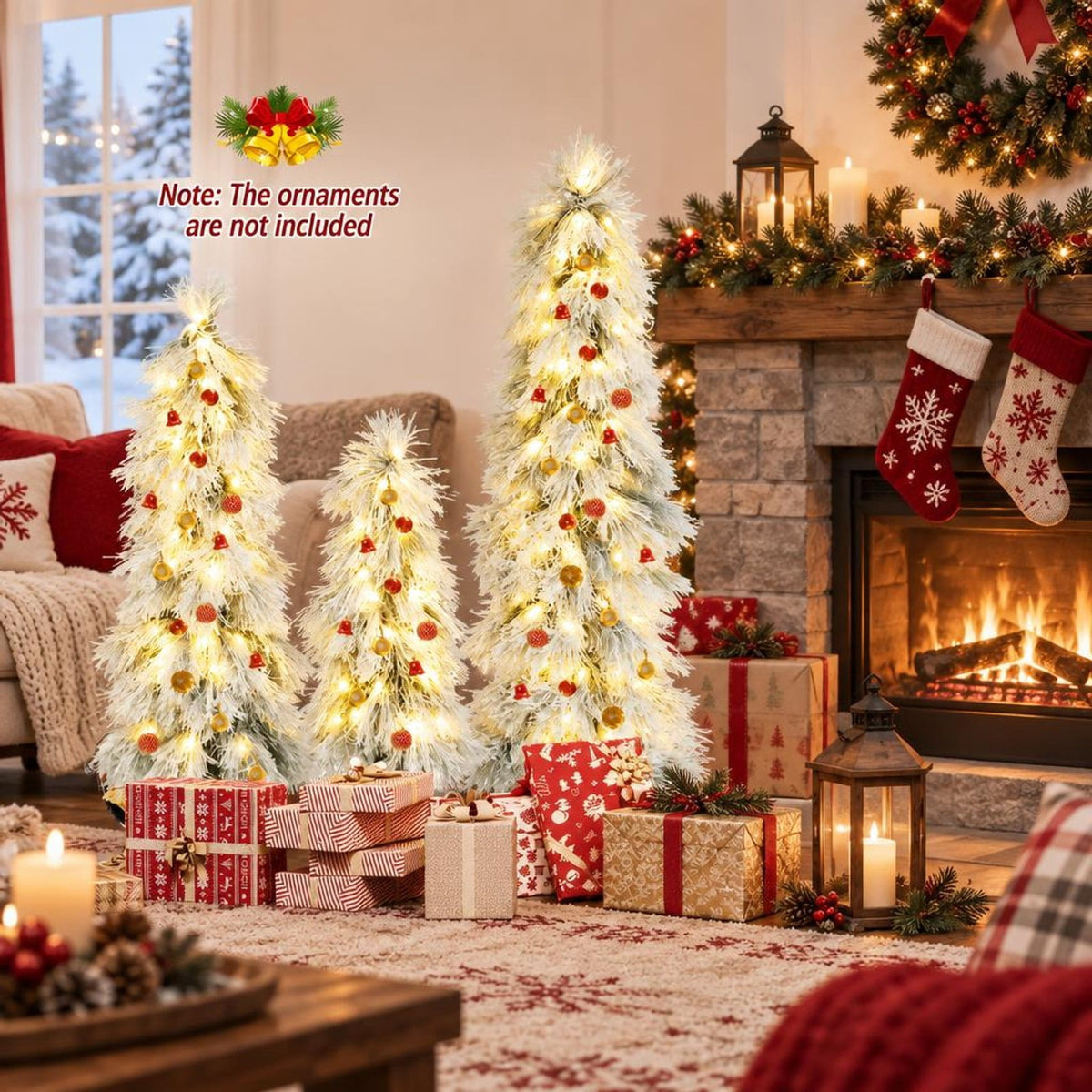 Airfind Artificial Christmas Tree Set of 3 with Snow, PVC Metal Tree Height 3 ft Tree Width 12 Base Frame, Green + White