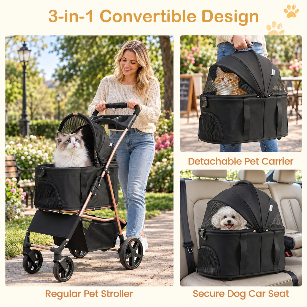 Airfind 3-in-1 Pet Stroller for Small Medium Dogs Foldable with Detachable Carrier, 26.5 lbs Capacity, 18.5in x 28.5in x 39.5in Footprint, Black