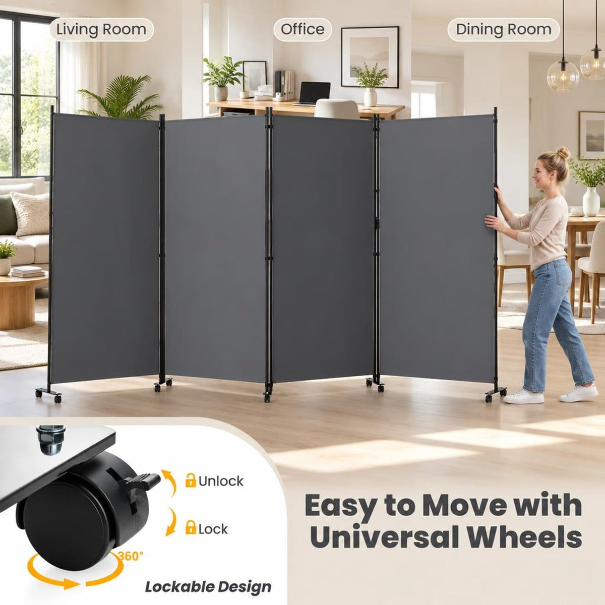 Airfind 4 Panel Folding Privacy Screen Room Divider with Wheels, Polyester Fabric Metal PP Frame, 137 x 12 x 71.5 Footprint, Grey