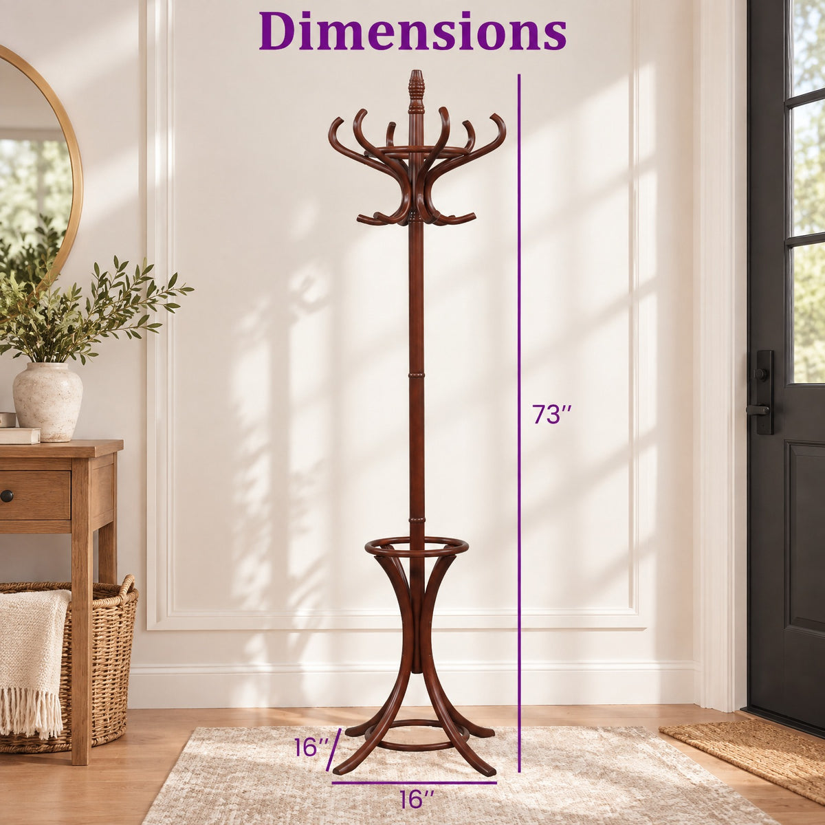 Airfind Wood Standing Hat Coat Rack with Umbrella Stand, 22 lbs Capacity, 16in x 16in x 73in Footprint, Brown