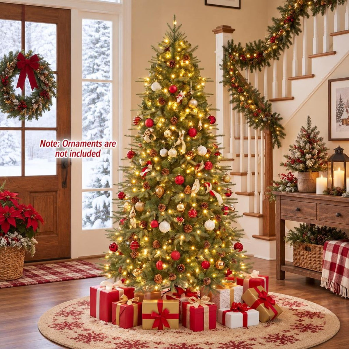 Airfind 7 ft Pre-Lit Artificial Christmas Tree with 460 Warm White LED Lights, 61 Pine Cones, 925 Branch Tips and Folding Metal Stand, Green