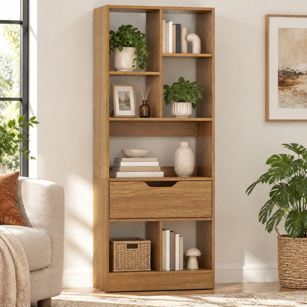 Airfind 51inch Tall Freestanding Bookcase with Drawer 7-Cube Storage Organizer, 165 lbs Capacity, Engineered Wood MDF Frame, Natural