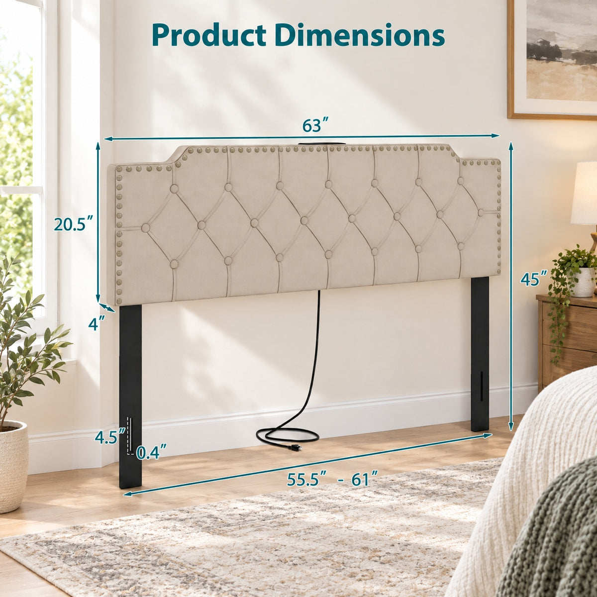 Airfind Upholstered Headboard with Built-in Charging Station, AC, USB and Type-C Ports, Rivet Tufted Headboard for Queen and Full Size Bed, Beige