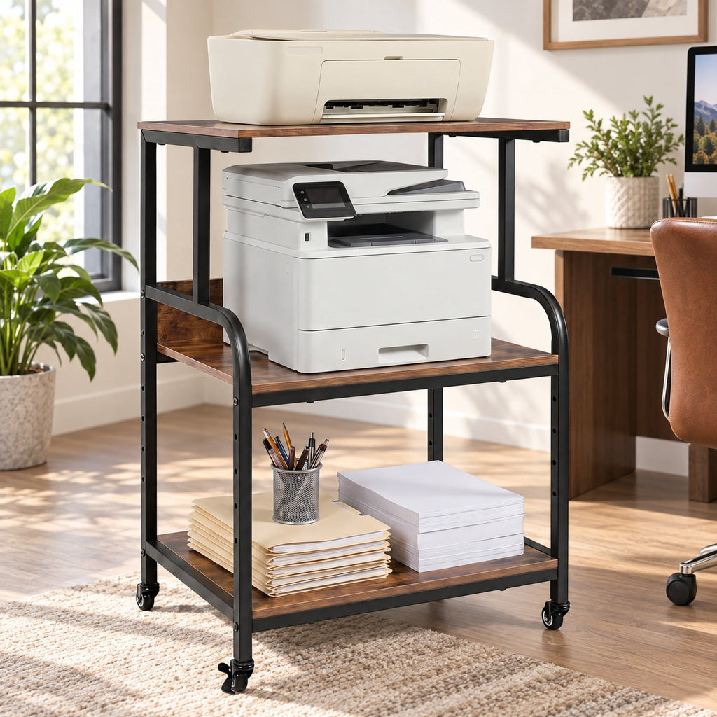 Airfind 3-Tier Rolling Printer Stand with Adjustable Shelf and Lockable Wheels, 44 lbs Capacity, Metal Engineered Wood Frame, Oak
