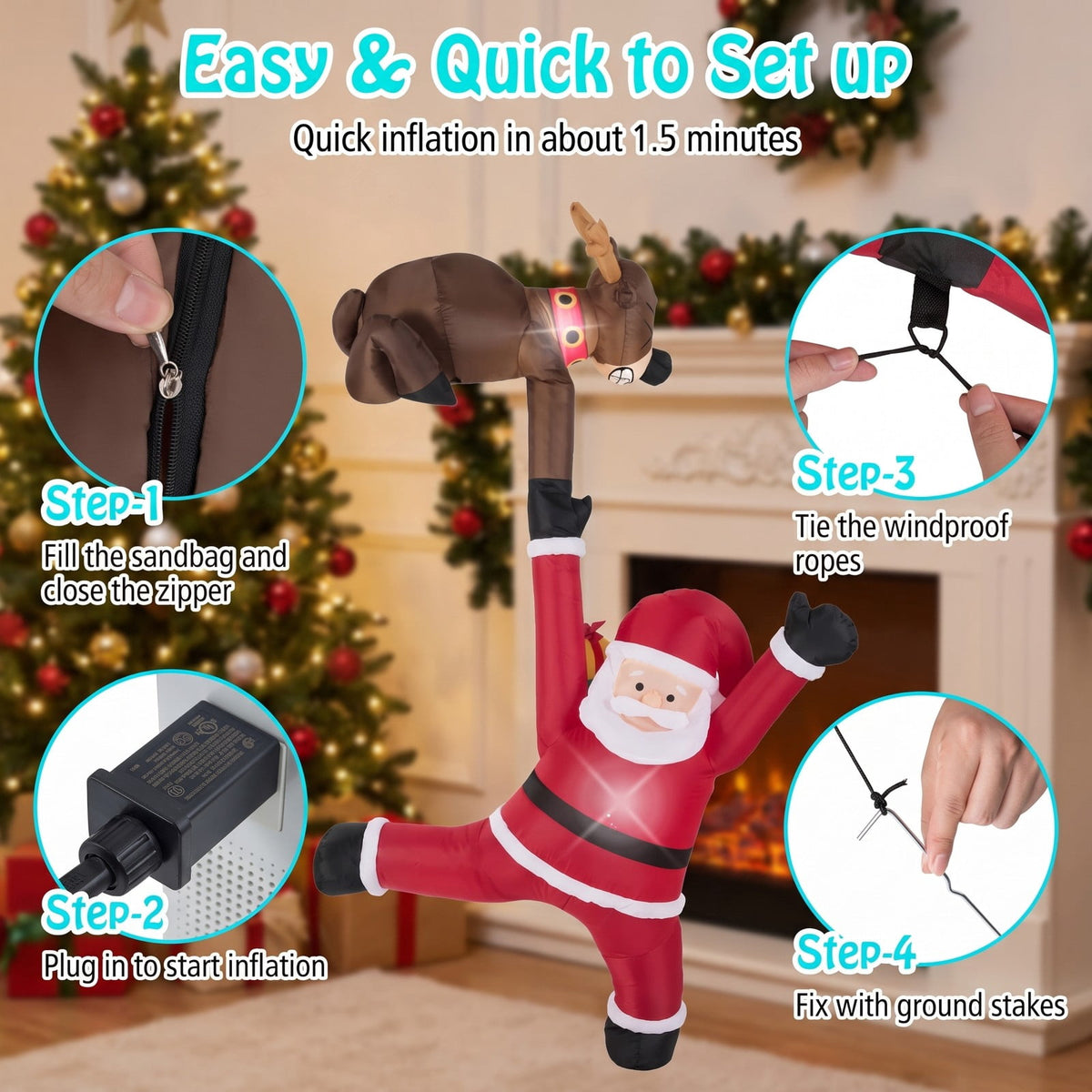 Airfind 8.5 Feet Christmas Inflatable Reindeer and Climbing Santa Claus with Built, Polyester Fabric Frame, 4.6 ft x 3.3 ft x 8.5 ft Footprint