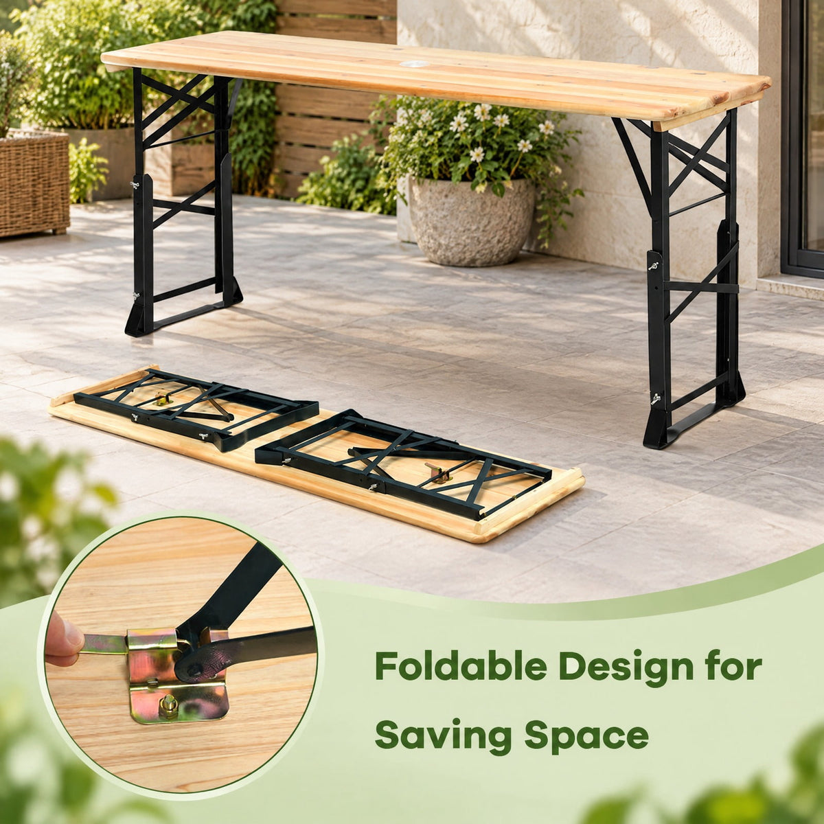 Airfind 66.5 Inch Outdoor Wood Folding Picnic Table with Adjustable Heights, 110 lbs Capacity, Wood metal Frame, 66.5 Footprint, Wood