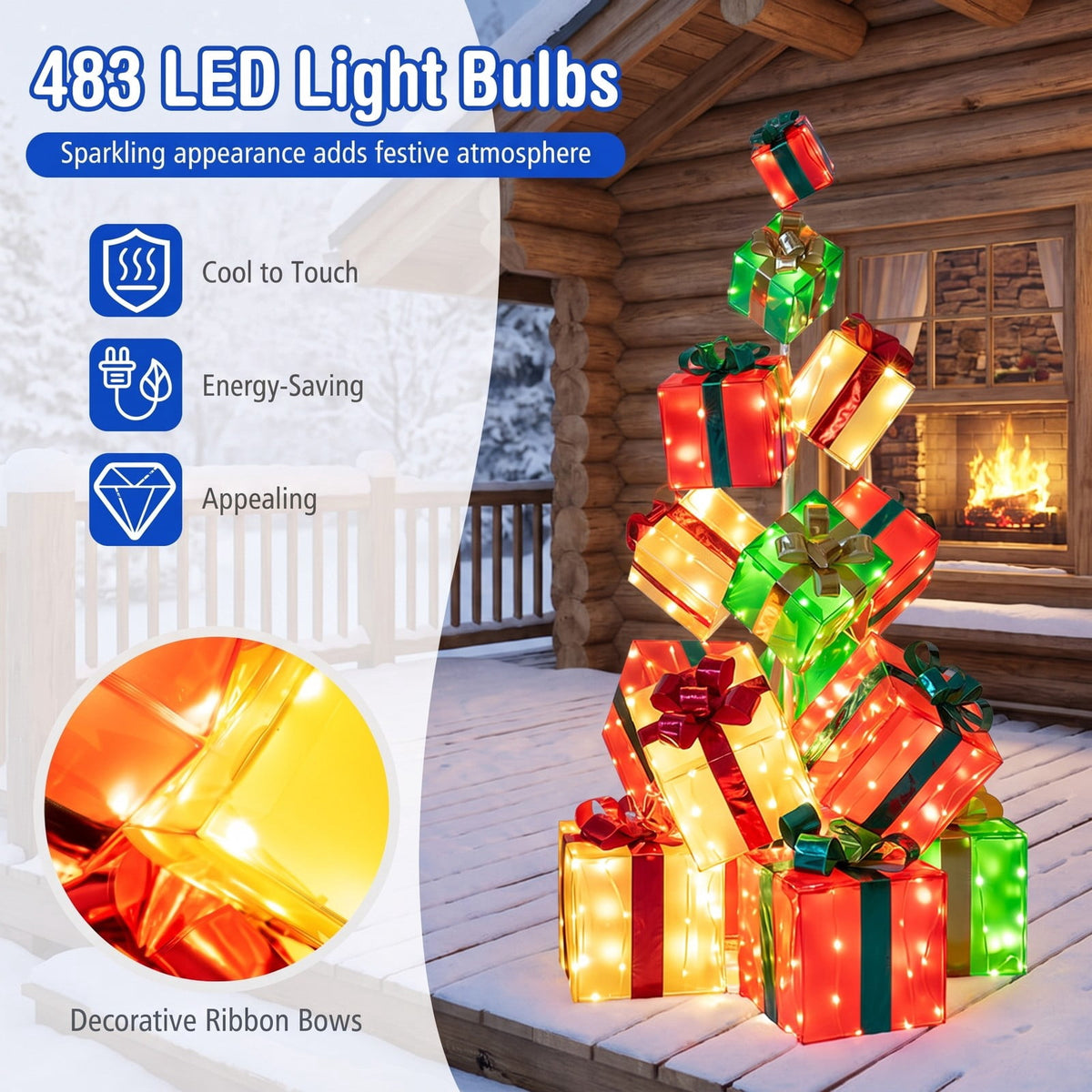 Airfind 15 PCS Lighted Christmas Boxes with Bowknot and 483 LED Light Bulbs for Indoor Outdoor, PVC Fabric Metal Frame, Red + Green + Gold