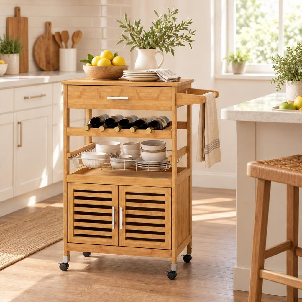 Airfind Bamboo Rolling Kitchen Island Trolley with Storage Cabinet and Wine Rack, 66 lbs Capacity, Bamboo Engineered Wood Metal Frame, Natural