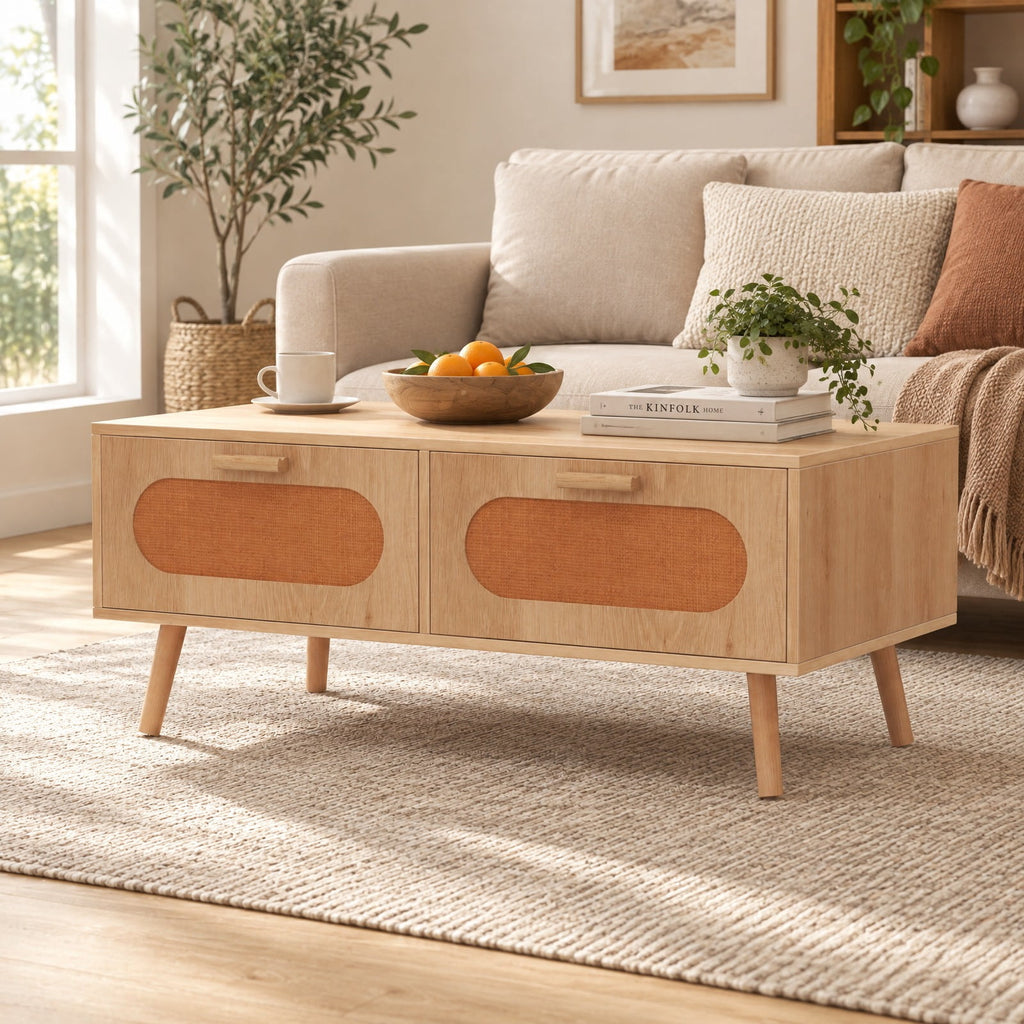 Airfind Rattan Coffee Table Mid Century Modern Center Table with 2 Storage Drawers, 132 lbs Capacity, Natural