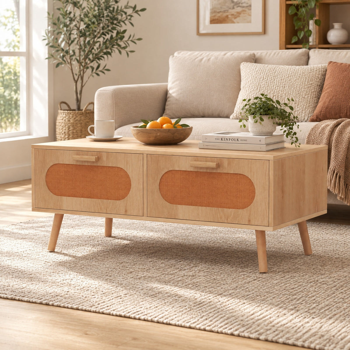 Airfind Rattan Coffee Table Mid Century Modern Center Table with 2 Storage Drawers, 132 lbs Capacity, Natural