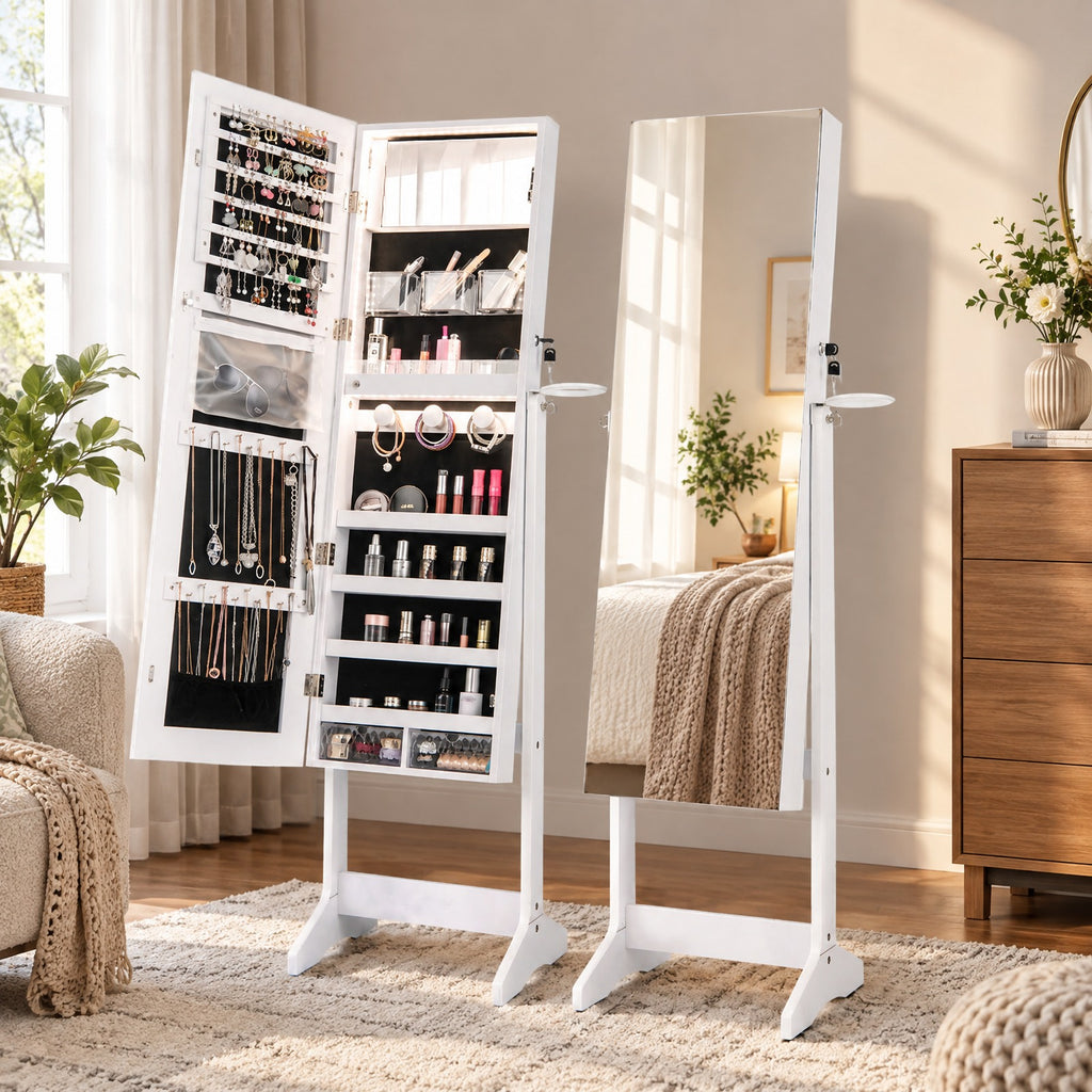 Airfind Jewelry Cabinet, Freestanding, with Full Length HD Mirror, MDF Glass Frame, 16 Inch x 14.5 Inch x 61.5 Inch Footprint, White