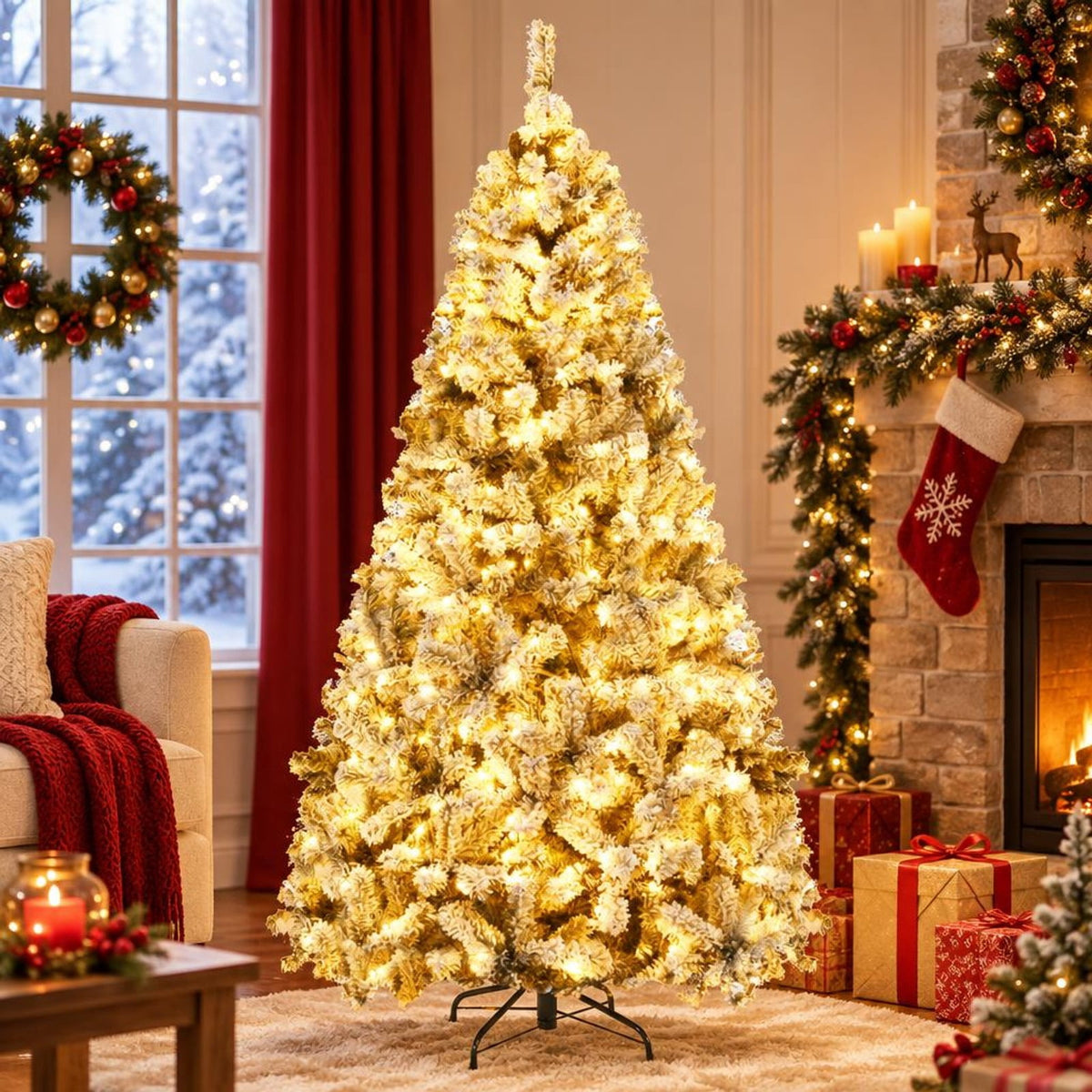 Airfind Pre-lit Snow-flocked Christmas Tree 6 Ft with Hinged PVC Branches and Metal Stand for Indoor Holiday Decor, White