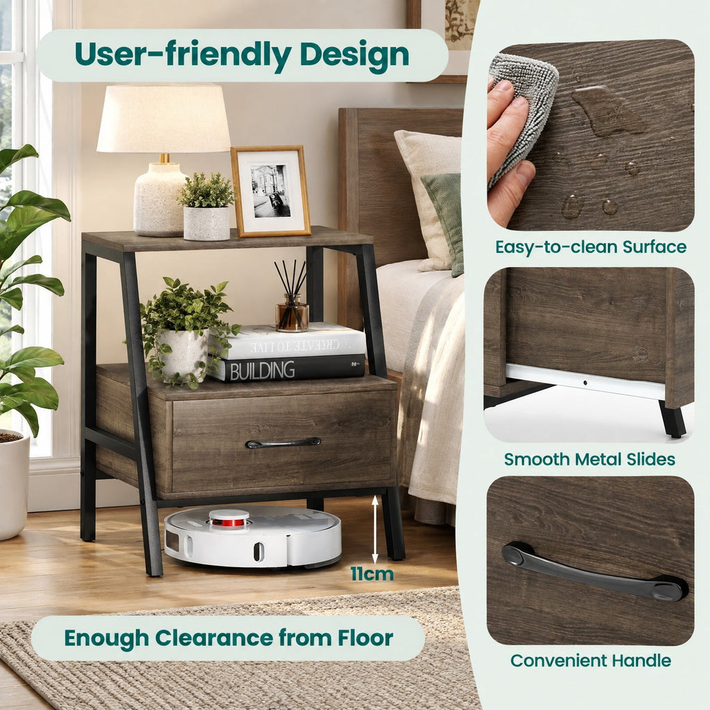 Airfind Farmhouse Nightstand with Drawer and Open Storage, Engineered Wood and Metal End Table for Bedroom and Living Room, Gray