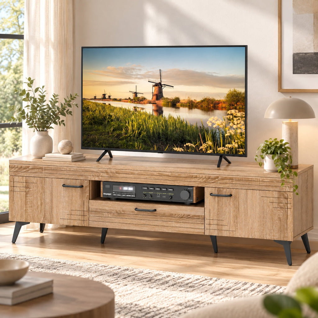 Airfind TV Stand with 2 Cabinets and Storage Drawer for 65 Inches TVs, 180 lbs Capacity, Metal Engineered Wood Frame, 59 x 15 x 17 Footprint, Oak