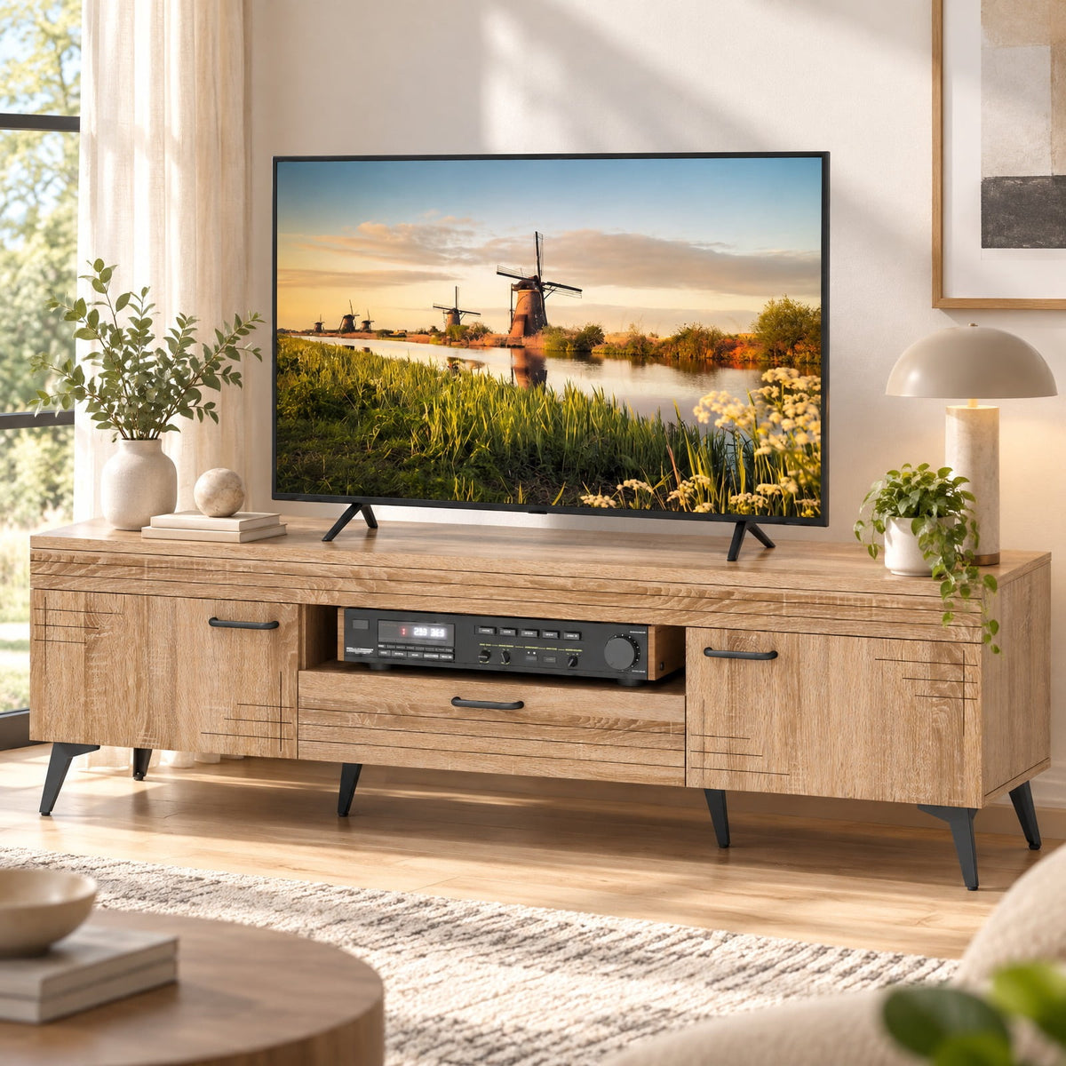 Airfind TV Stand with 2 Cabinets and Storage Drawer for 65 Inches TVs, 180 lbs Capacity, Metal Engineered Wood Frame, 59 x 15 x 17 Footprint, Oak