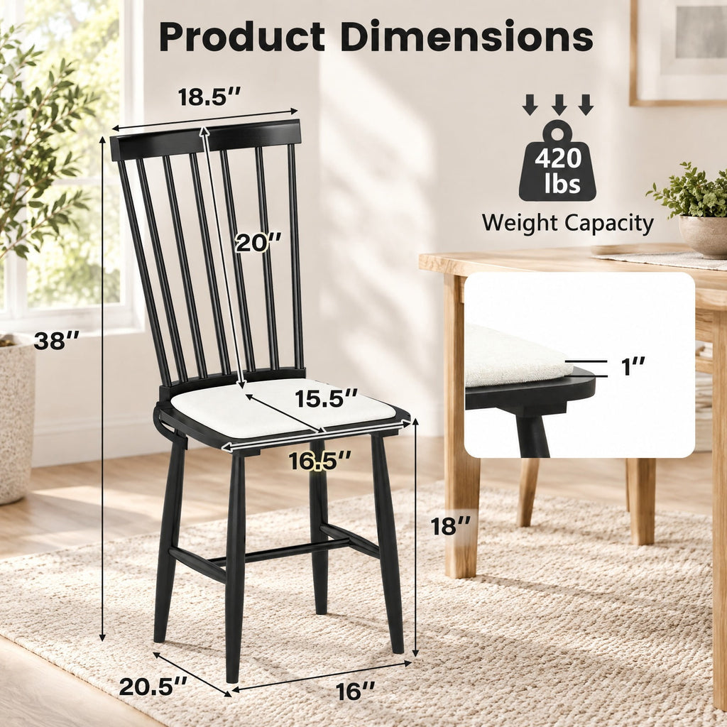Airfind Dining Chairs Set of 2 Farmhouse Solid Rubber Wood Windsor Chairs with Removable Seat Cushions, 420 lbs Capacity, Black