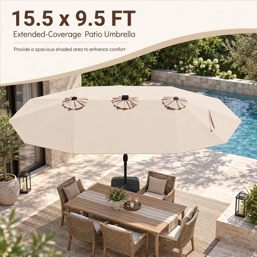Airfind 15.5FT Extra-Large Patio Umbrella 12 Reinforced Metal Ribs, 180G Polyester Fabric Metal External Frame, Beige