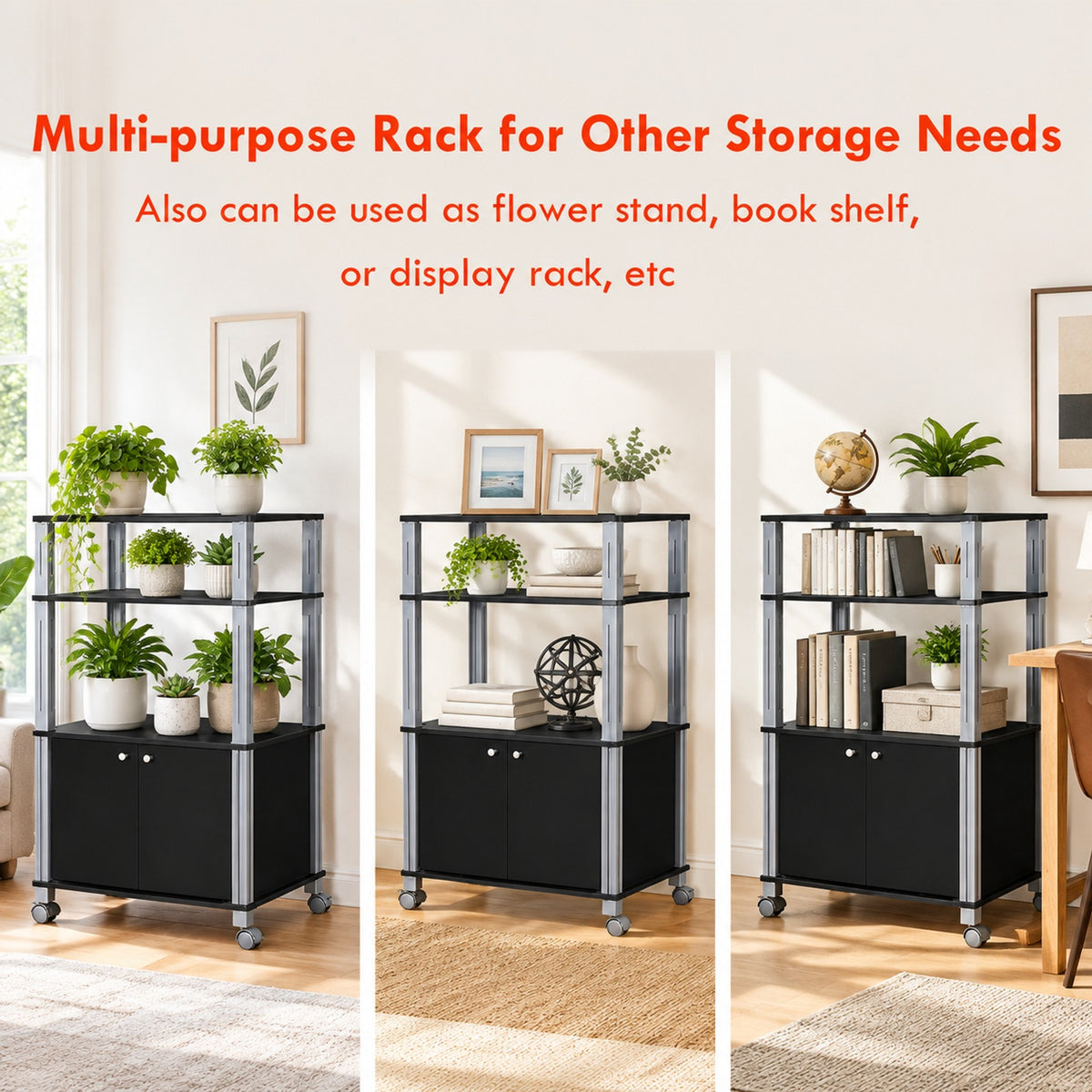 Airfind Microwave Rack Stand Rolling Storage Cart, P2 MDF Frame, 23.5 x 15.5 x 38.5 Footprint, Black