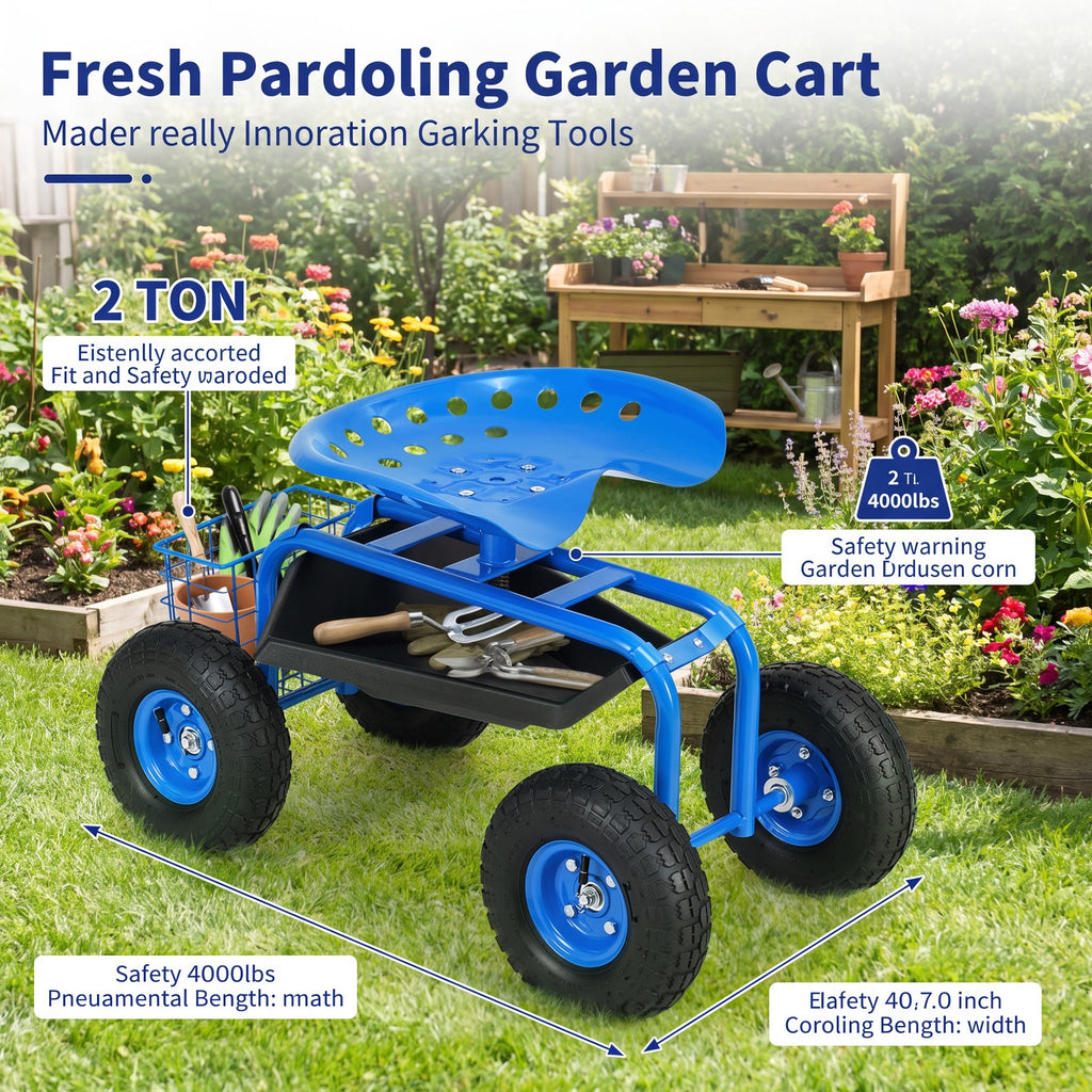 Airfind Garden Cart with Heavy Duty Tool Tray, 33 x 16 x 22 Footprint, Blue, Height adjustable and 360 degrees of rotation
