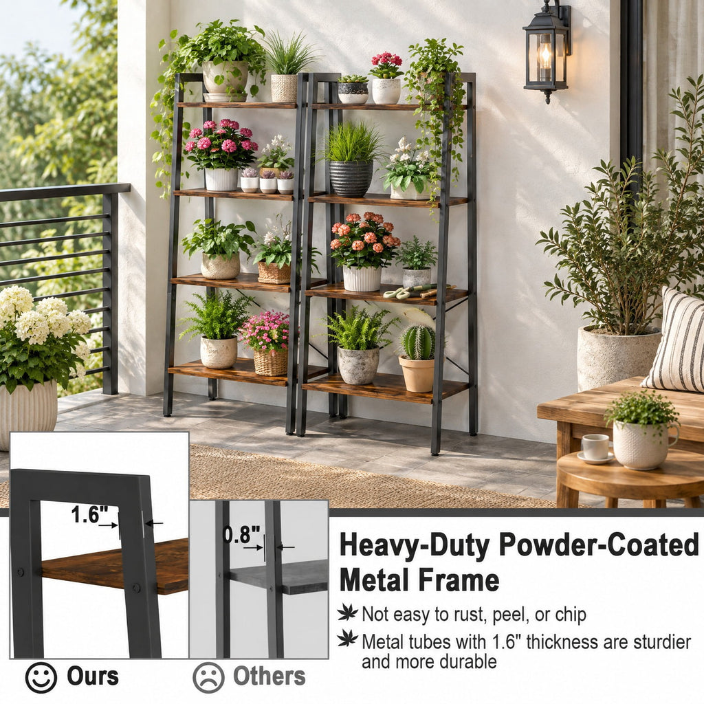 Airfind 4-Tier Bookshelf with Metal Frame and Adjustable Foot Pads, 200 lbs Capacity, Metal Engineered Wood Frame, Brown