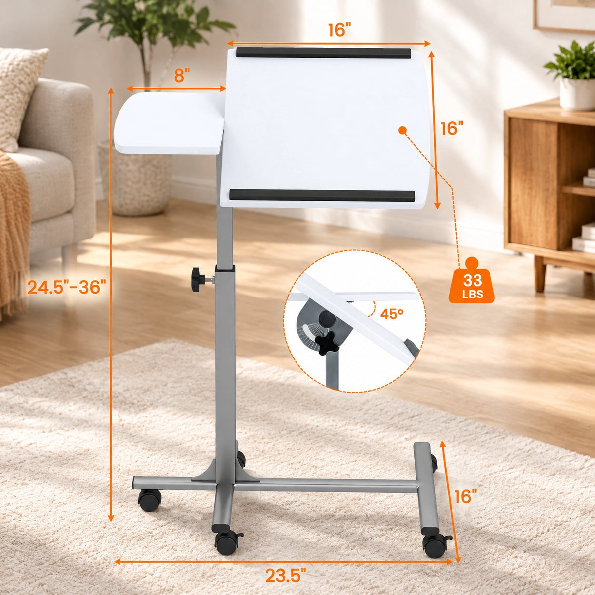 Airfind Adjustable Angle Height Rolling Laptop Table, Steel (frame) Frame, 23.5 x 16 x 24.5-36 (L x W x Adjustable H) Steel tube Footprint