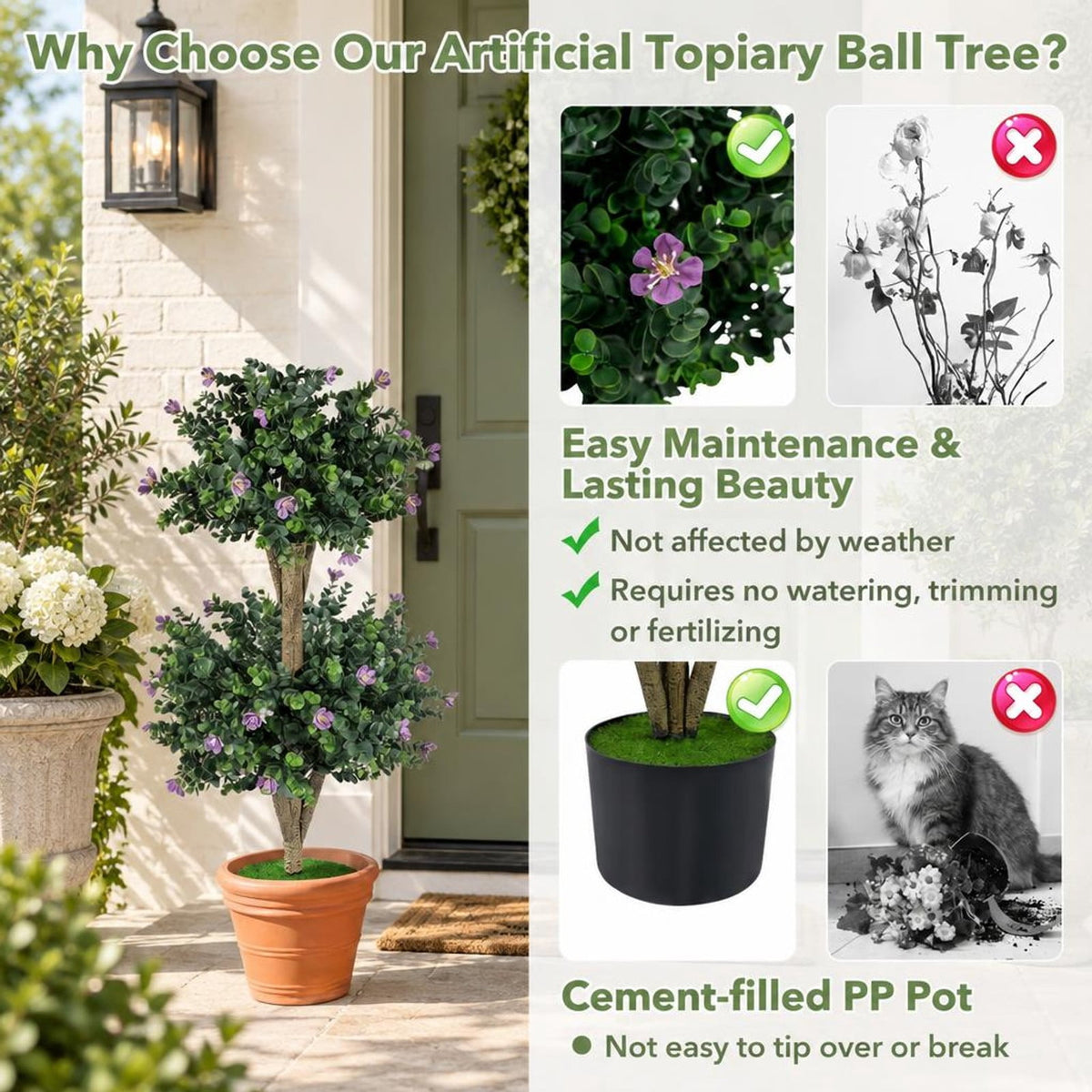 Airfind Set of 2 Faux Bush Plant with 41 Blossoms for Home, PP Cement PE Tree Height 36 Flower Pot Frame, Green and Black