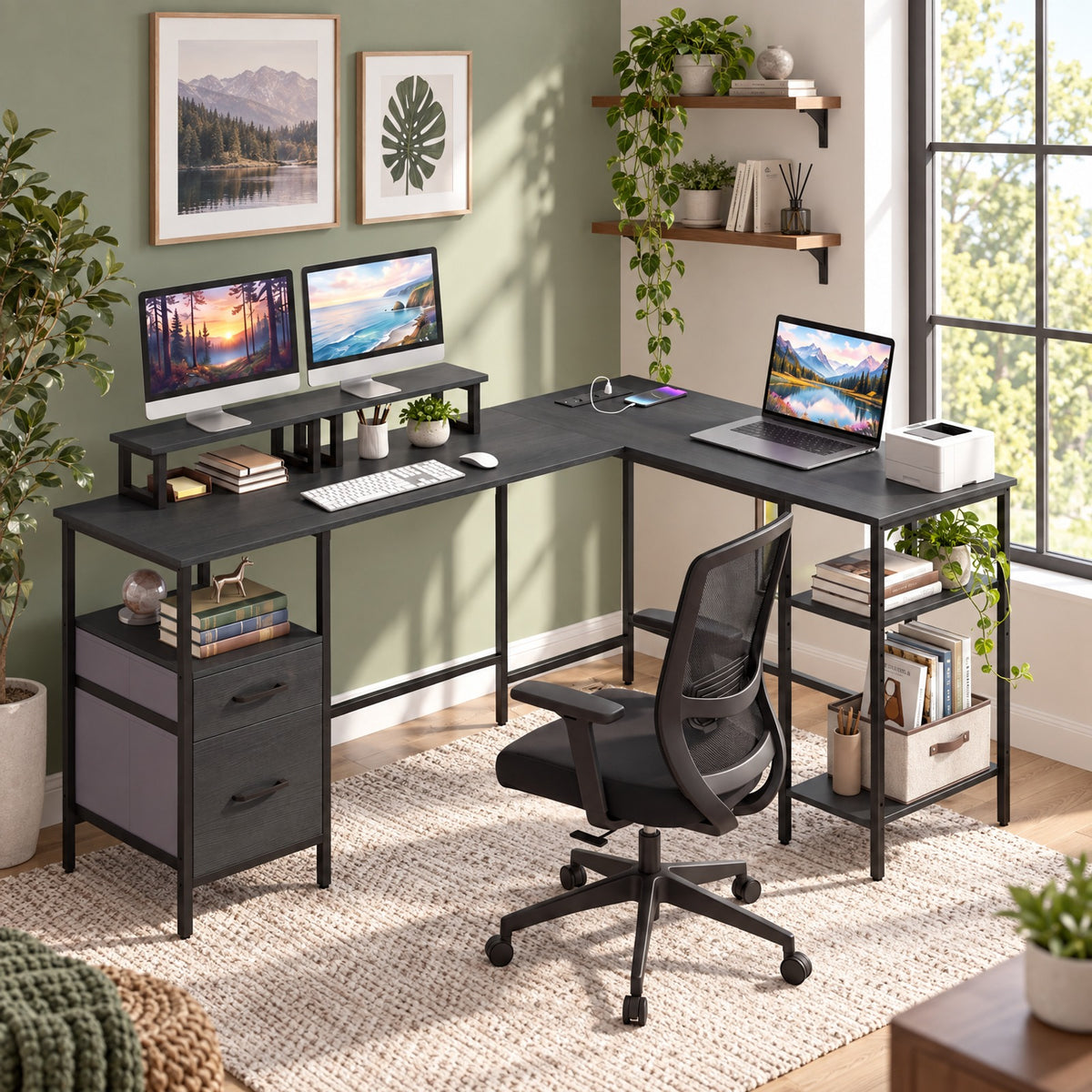 Airfind L Shaped Desk with Power Outlet Reversible Computer Desk with Monitor Stands, 155 lbs Capacity, Engineered Wood Metal Fabric Frame, Black