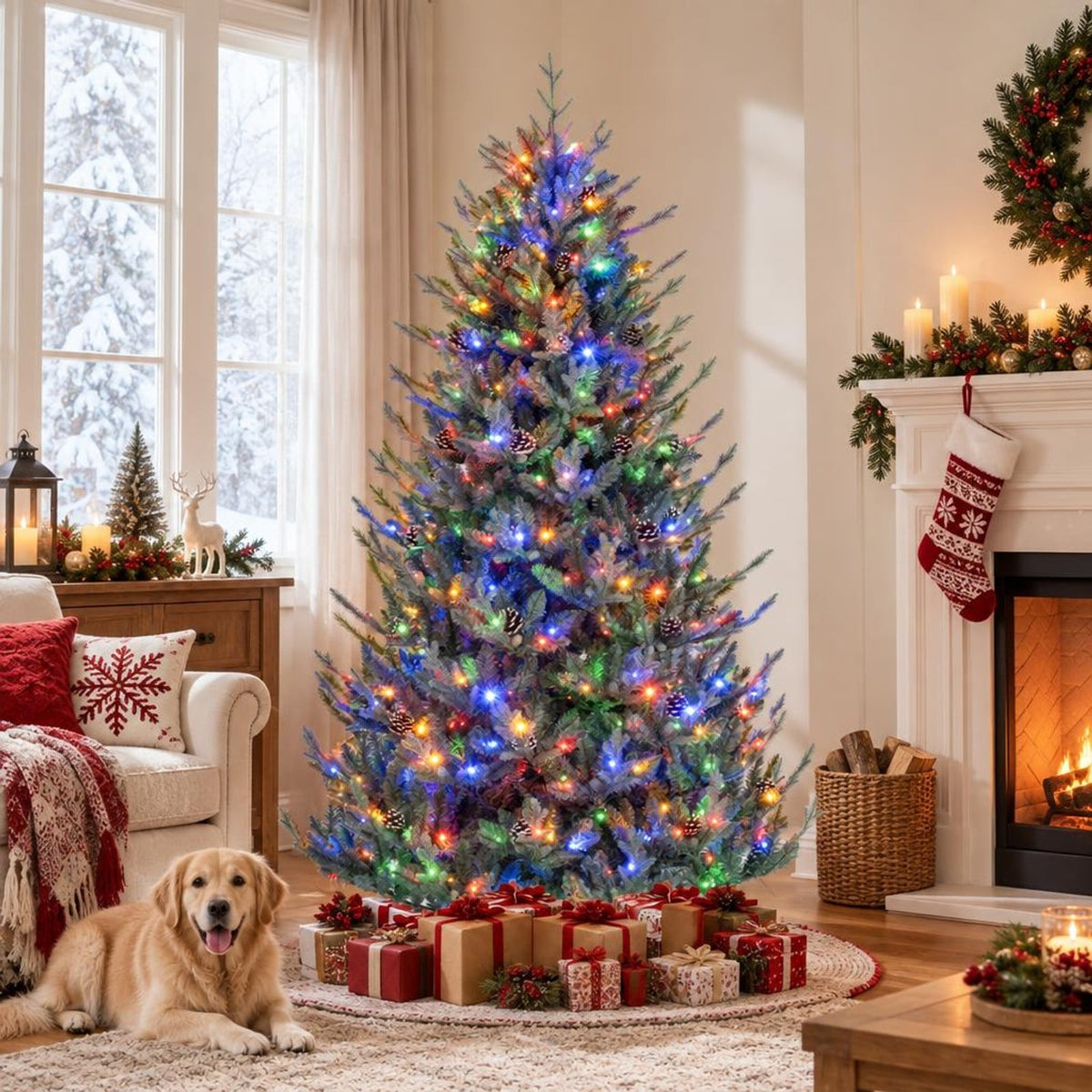 Airfind Pre-Lit Artificial Christmas Tree with Multicolored LED Lights, PE PVC Metal Frame, Size S 3.4 x 6 ft Footprint, Green
