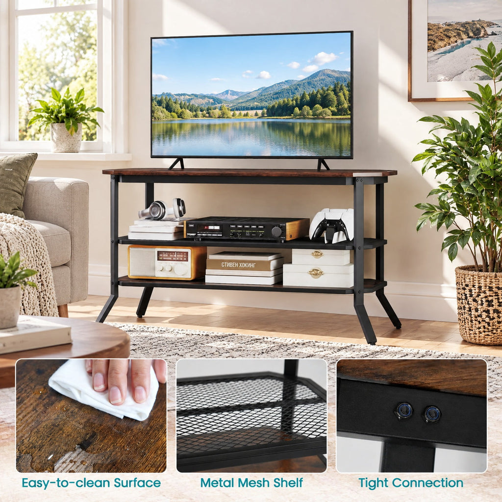 Airfind 3-tier Console Table TV Stand with Mesh Storage Shelf, 200 lbs Capacity, Engineered Wood Metal Frame, Brown