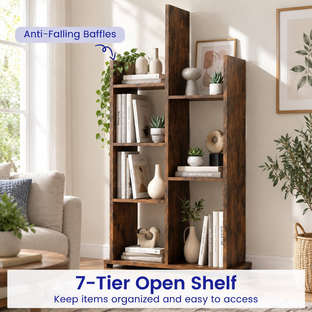 Airfind 7-Tier Open-Back Bookshelf with Drawer, 33 lbs Capacity, Engineered wood Frame, 21 Inch x 9.5 Inch x 47 Inch Footprint, Brown