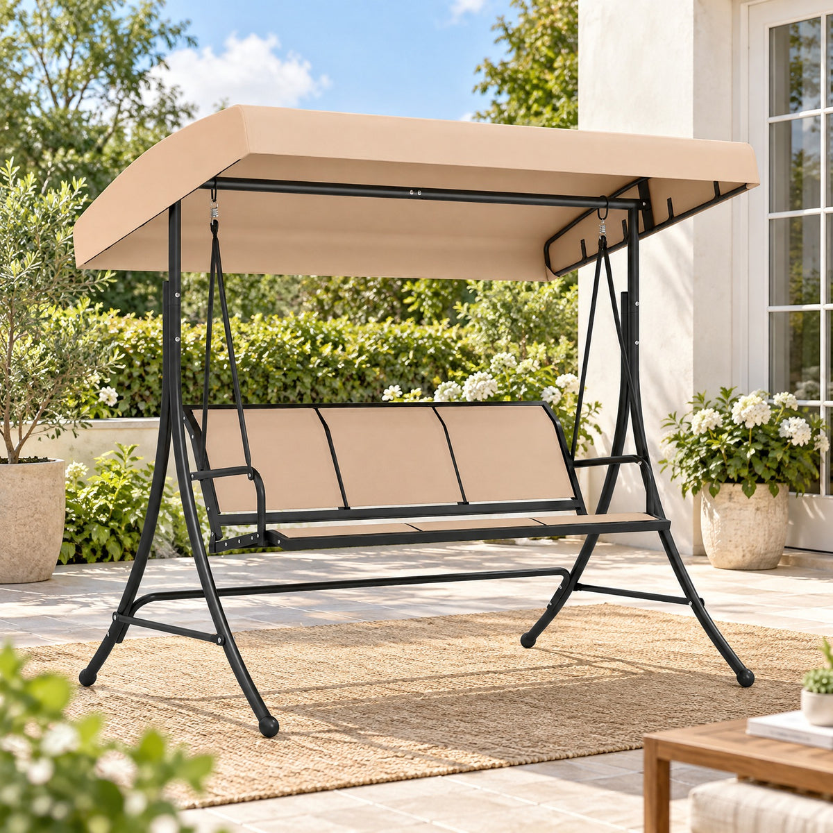 Airfind 3-Seat Patio Swing Chair with Adjustable Canopy, 800 lbs Capacity, Metal Frame, 75 Inch x 48 Inch x 67 Inch Footprint, Beige