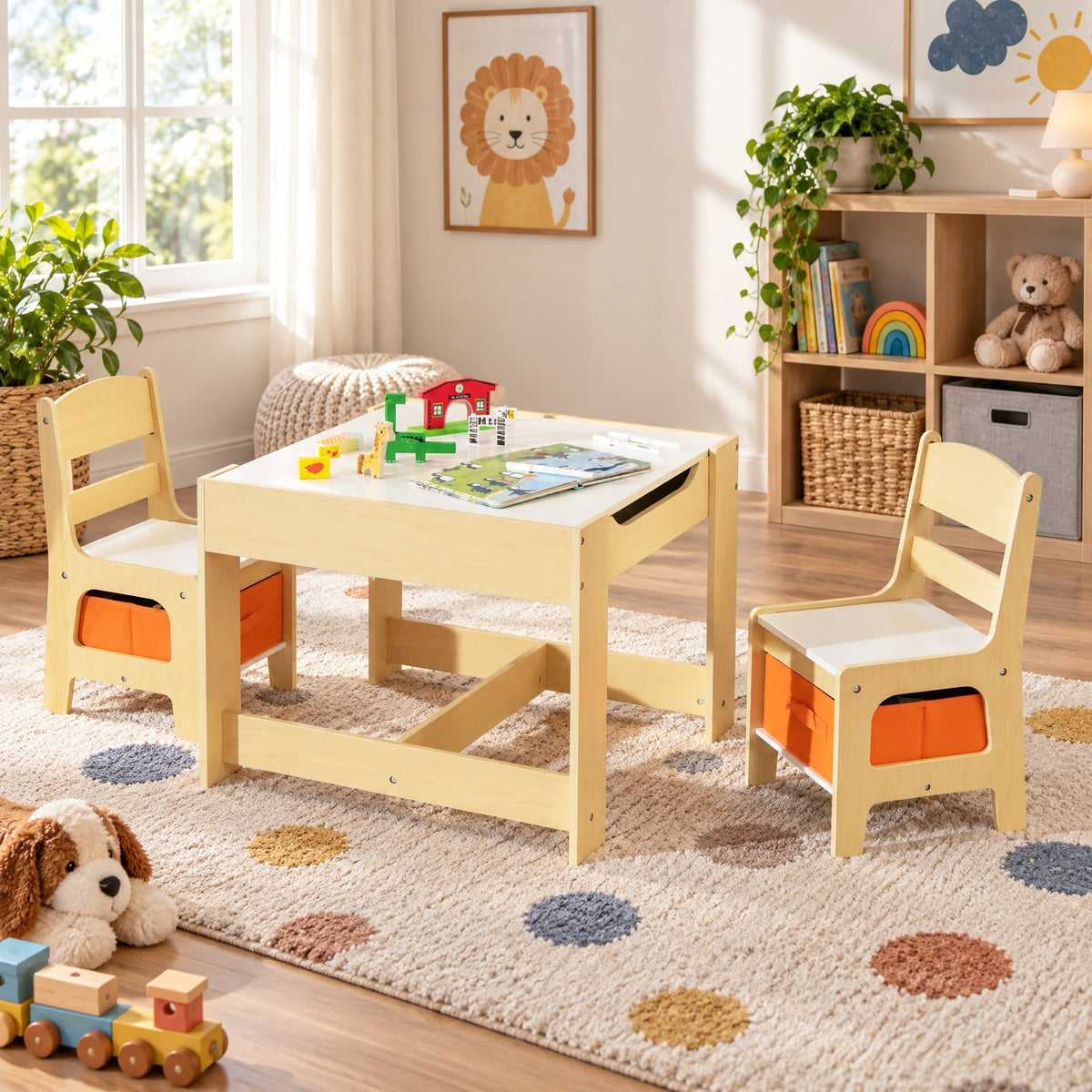 Airfind Kids Table Chairs Set With Storage Boxes Blackboard Whiteboard Drawing, P2 MDF Applicable age 3-7 Years Frame, 24.5 Inch x 24.5 Inch x 19 Inch Footprint