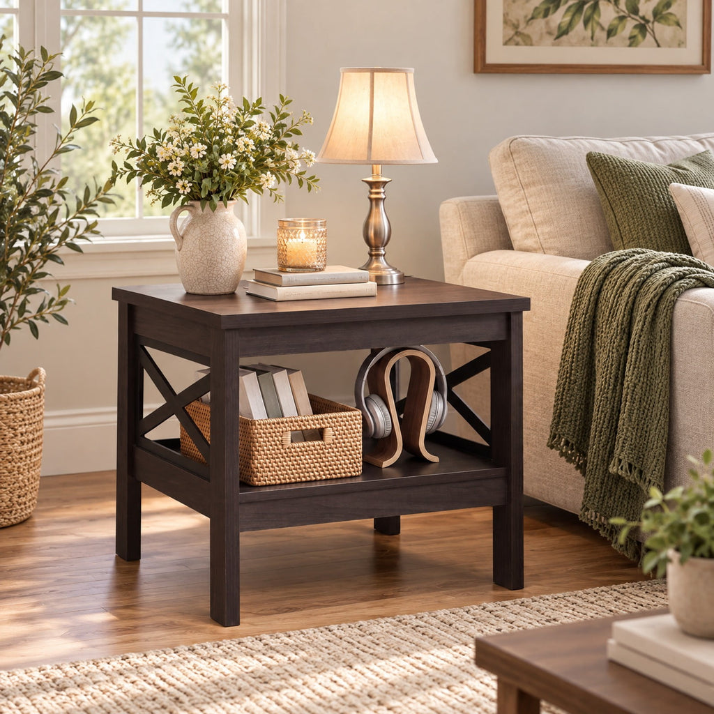 Airfind 2-Tier Square Side Table with Storage Shelf and X-Frame for Bedroom Living Room, 220 lbs Capacity, Engineered Wood MDF Frame, Brown
