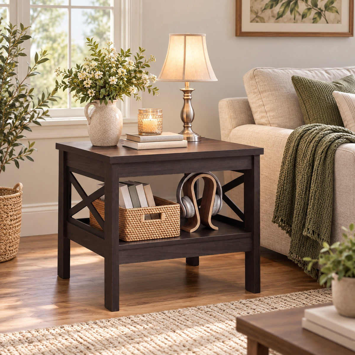 Airfind 2-Tier Square Side Table with Storage Shelf and X-Frame for Bedroom Living Room, 220 lbs Capacity, Engineered Wood MDF Frame, Brown