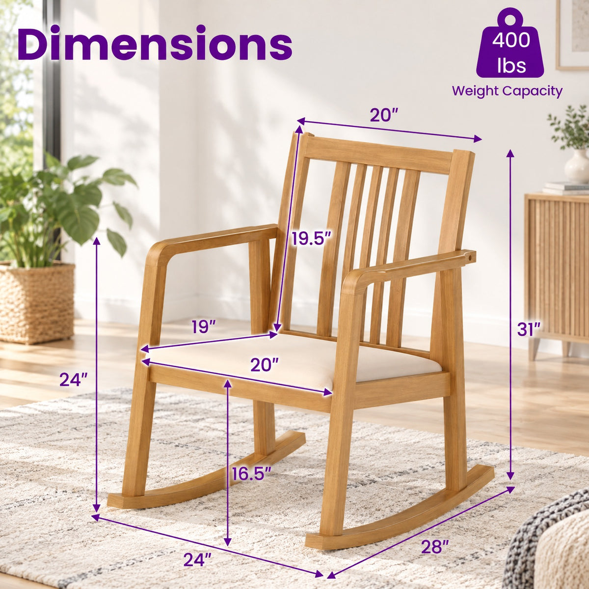 Airfind Rocking Chair with Slatted Back and Curved Armrests, 400 lbs Capacity, Rubber Wood Linen Fabric Sponge MDF Frame, 28 x 24 x 31 Footprint