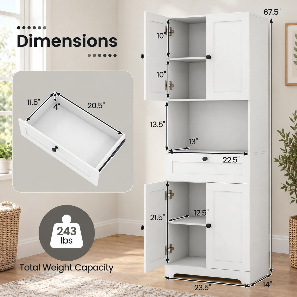 Airfind 67.5 Inch Tall Modern Freestanding Floor Storage Cabinet with 4 Doors and 1 Drawer, 243 lbs Capacity, MDF Engineered Wood Frame, White