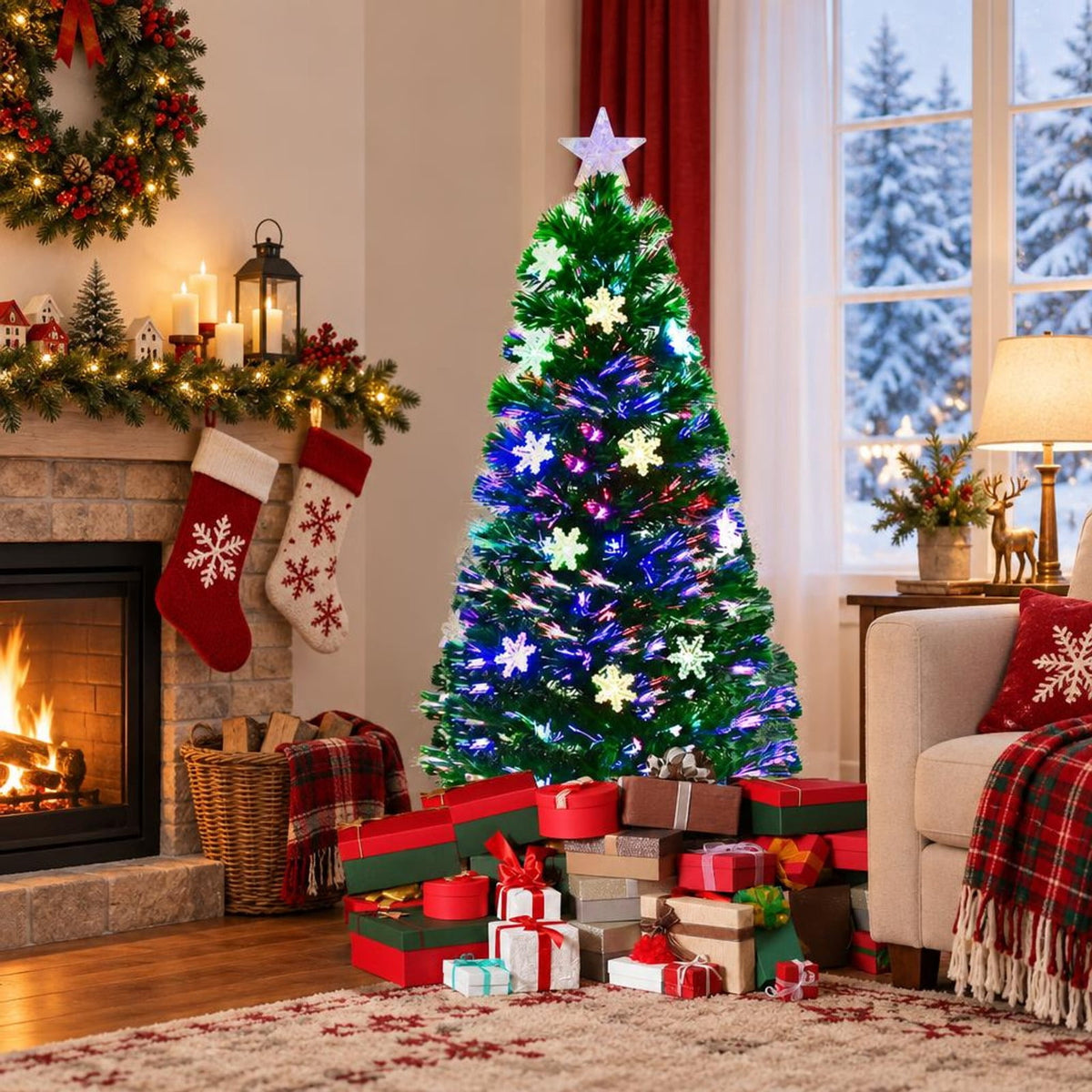 Airfind LED Optic Artificial Christmas Tree with Snowflakes-4 Feet, PVC Frame, 2.4 x 5 (Diameter x H) Height: 5 ft Weight: About 8 lbs Footprint
