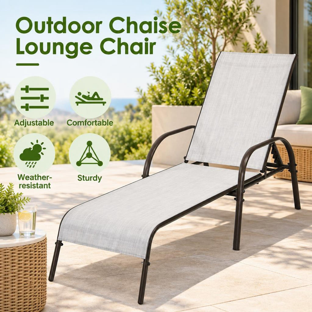 Airfind 2 Pcs Outdoor Patio Lounge Chair Chaise Fabric with Adjustable Reclining Armrest, Fabric Steel Horizontal Frame, Gray