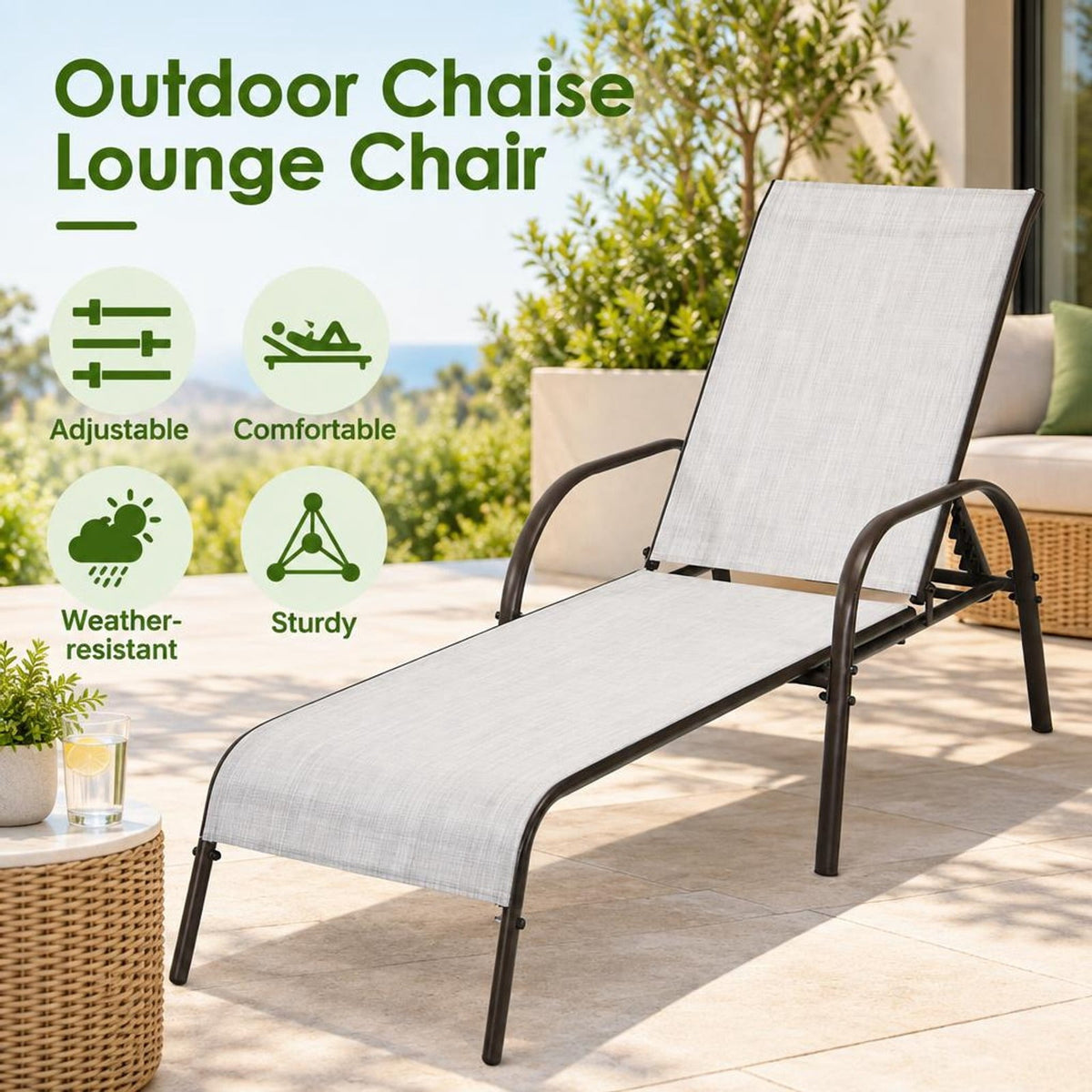Airfind 2 Pcs Outdoor Patio Lounge Chair Chaise Fabric with Adjustable Reclining Armrest, Fabric Steel Horizontal Frame, Gray