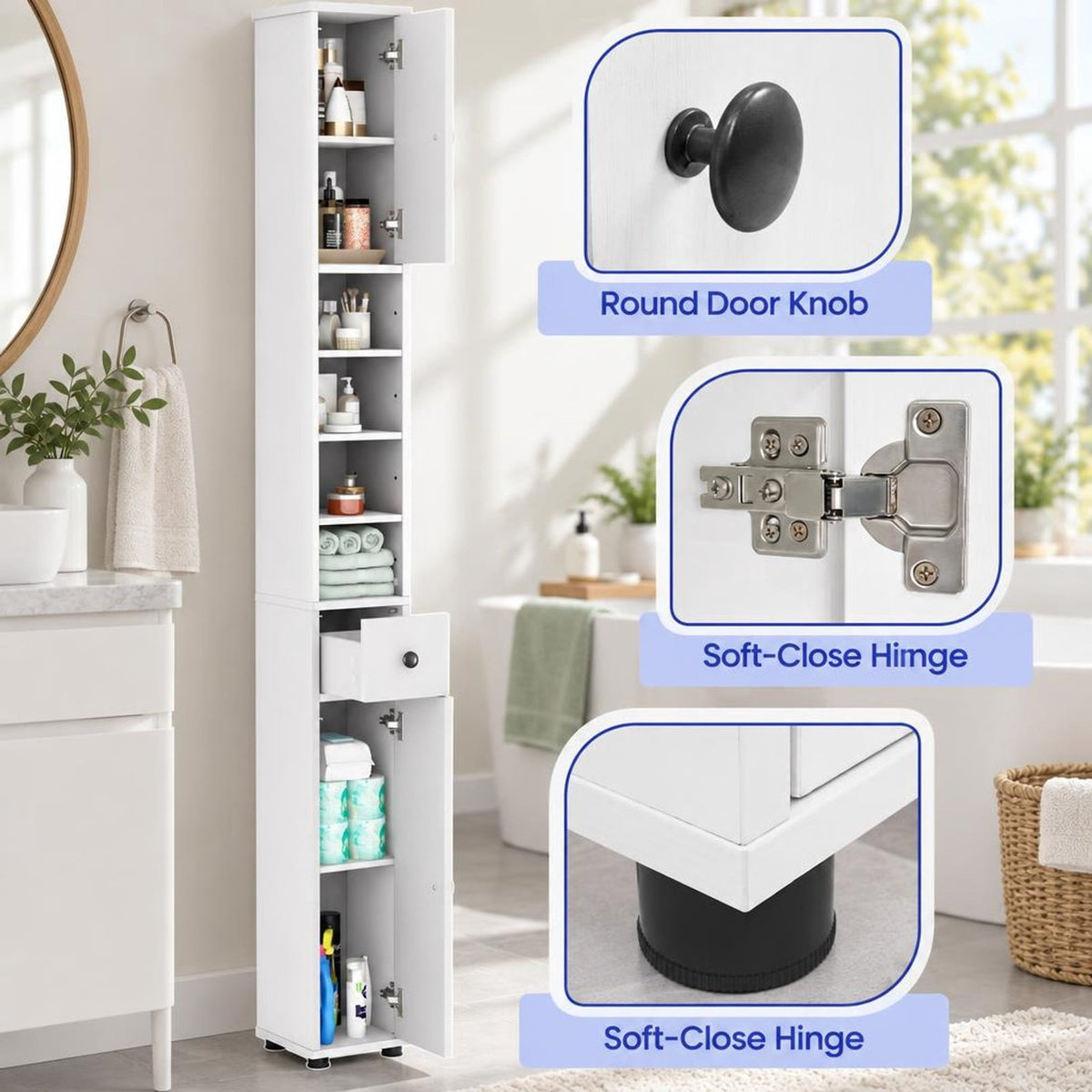 Airfind Freestanding Slim Bathroom Cabinet with Drawer and Adjustable Shelves, 110 lbs Capacity, MDF Frame, 8in x 8in x 71in Total Footprint, White